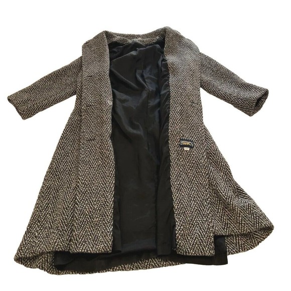 Vintage 80s British Lion Wool Trench Coat Black/White Womens Size 8 Herringbone - Picture 13 of 16